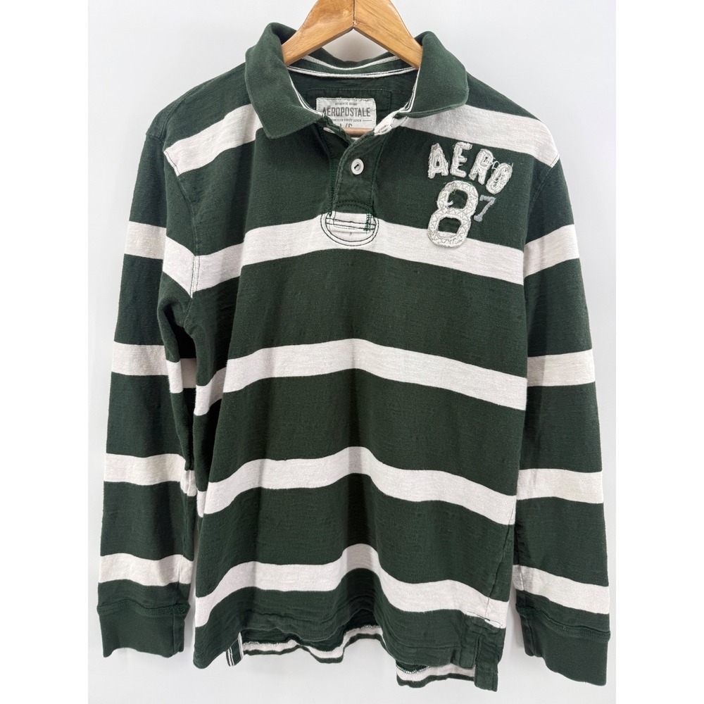 Aeropostale Mens Y2K Large Green White Striped Long Sleeve Rugby Polo Shirt Aero